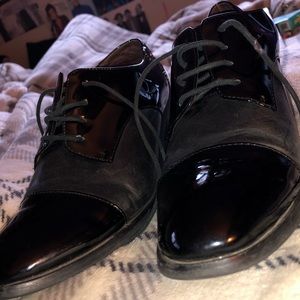 black, slick, shoes.